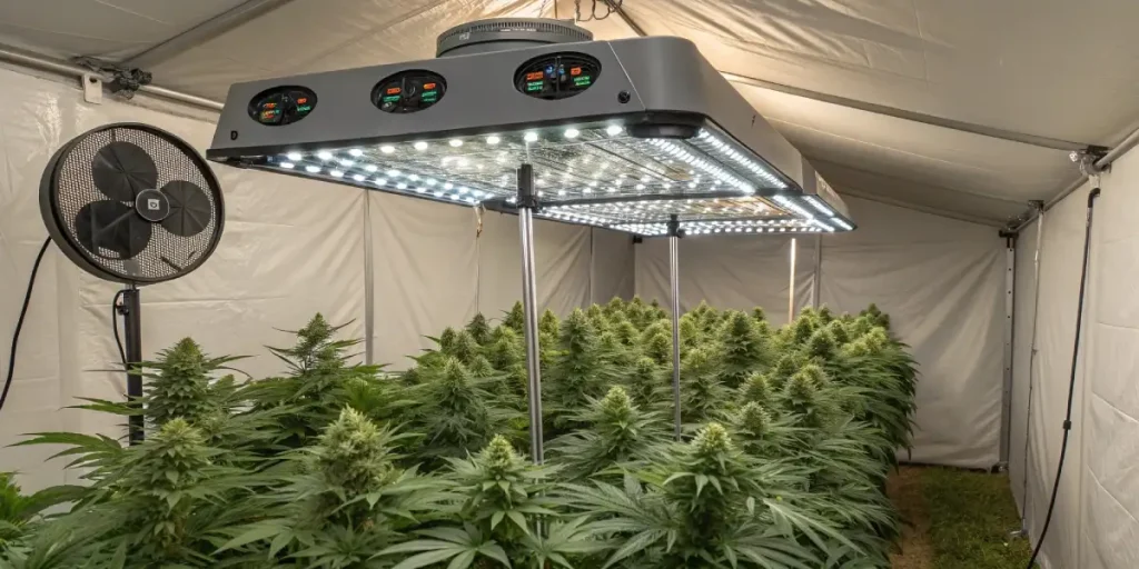Installation intérieure sophistiquée de cannabis Future #1 avec éclairage LED et ventilation contrôlée.