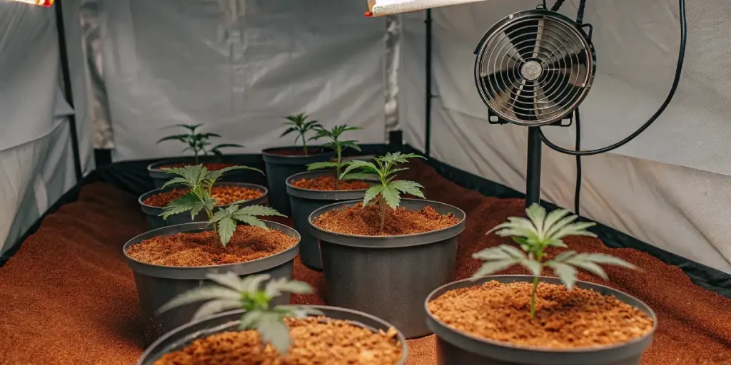 Jeunes plants de cannabis cultivés sous LED dans une tente avec système de ventilation