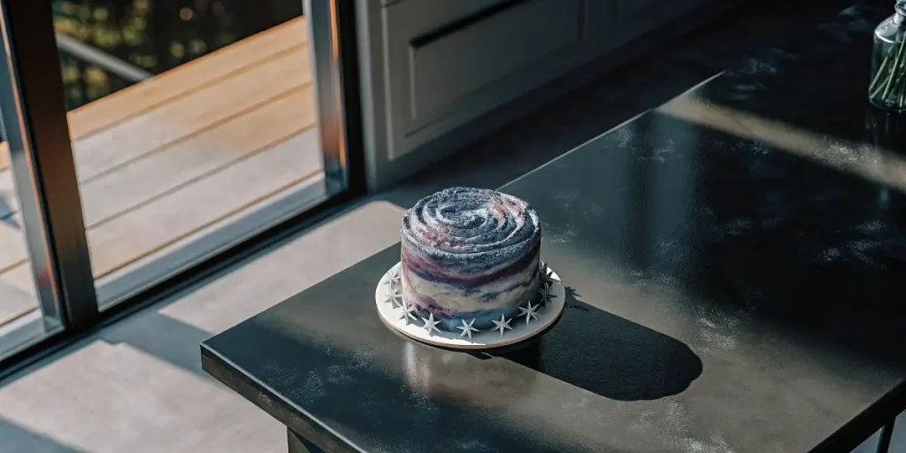 galaxy-themed swirl space cake with purple and blue frosting, sitting on a dark tabletop with natural lighting
