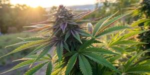 Gros plan hyper réaliste d’un bourgeon de cannabis violet Future #1 éclairé par la lumière dorée du coucher de soleil.