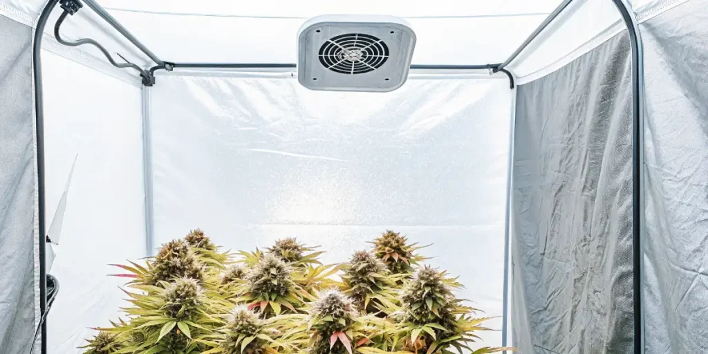 salle de culture de cannabis intérieure avec système de ventilation et plantes robustes