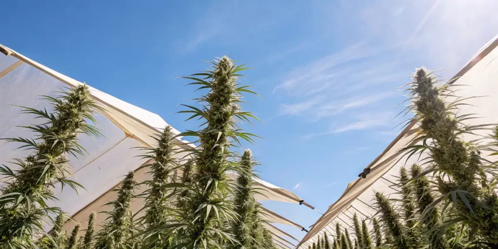 Champ de cannabis en extérieur baigné de soleil avec des plantes hautes et denses.