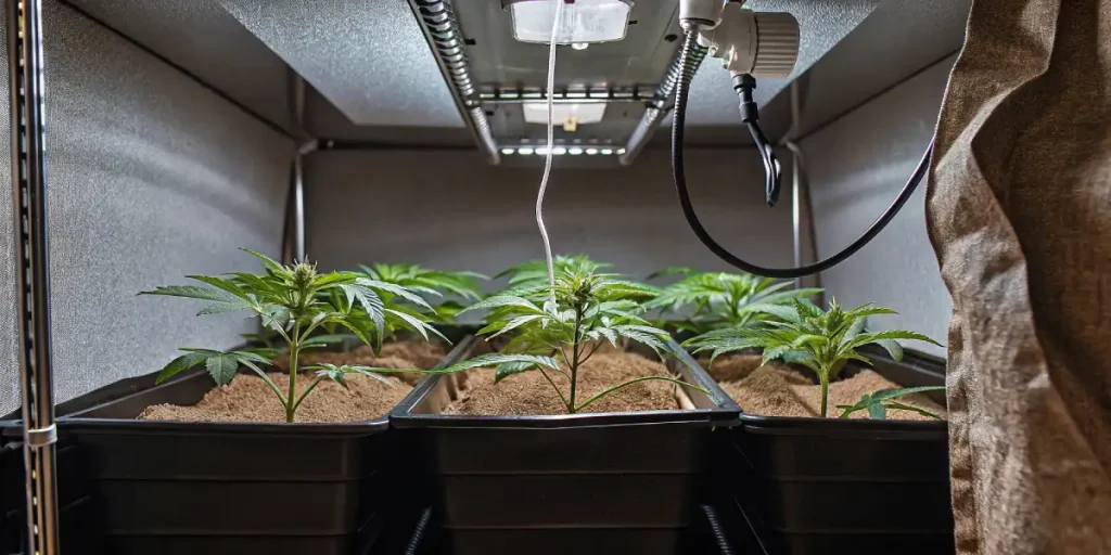 jeune plante de cannabis cultivée en intérieur sous lumière LED dans un espace de culture contrôlé