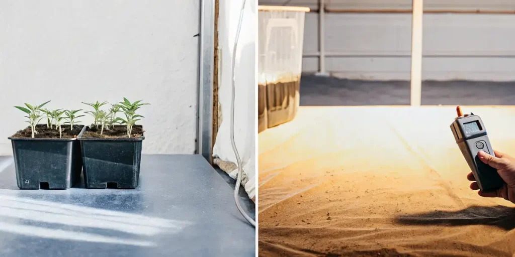 Jeunes plants de cannabis en godets et contrôle de la lumière dans une installation indoor