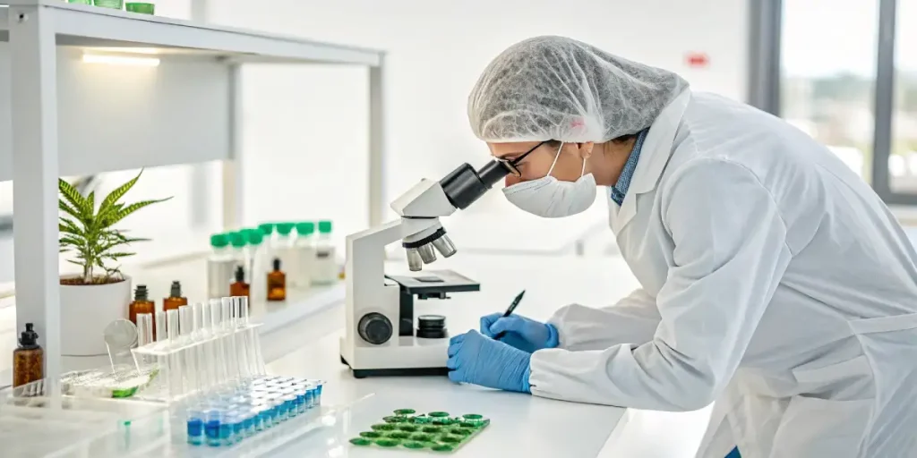 Technicienne de laboratoire observant un échantillon de cannabis au microscope