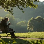 Homme assis sur un banc de parc fumant un joint au coucher du soleil