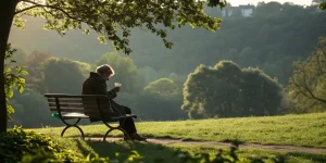 Homme assis sur un banc de parc fumant un joint au coucher du soleil