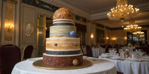 planet-themed tiered space cake with realistic planetary decorations and cosmic textures, placed in an elegant dining room