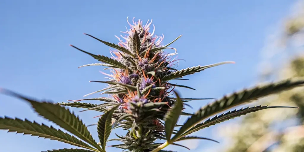 gros plan sur une tête de cannabis violette cultivée en extérieur sous le soleil