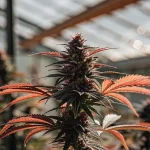 Close-up of a vibrant cannabis plant with red-tinted leaves growing in a greenhouse.