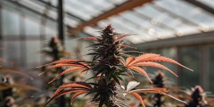 Close-up of a vibrant cannabis plant with red-tinted leaves growing in a greenhouse.
