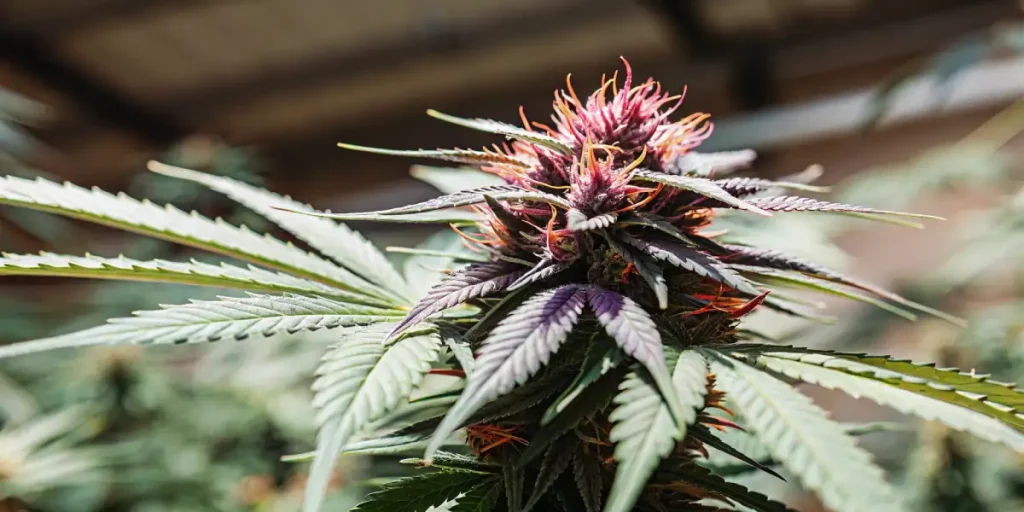 tête de cannabis rouge et violette en culture intérieure sous lumière artificielle