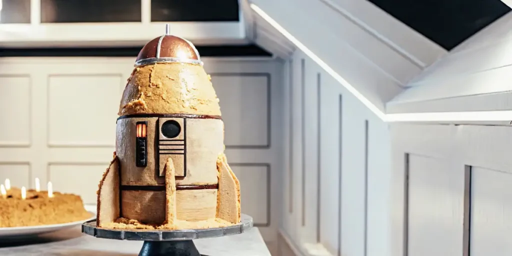 rocket-shaped space cake with detailed textures and edible components, placed on a pedestal in a kitchen setting