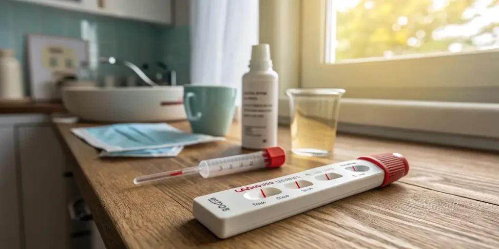 Kit de dépistage de drogue salivaire sur une table en bois, avec accessoires médicaux à l'arrière-plan
