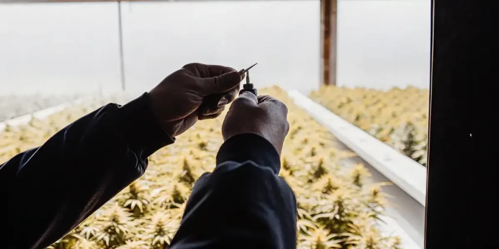 Mains taillant minutieusement un bourgeon de cannabis dans une plantation intérieure.