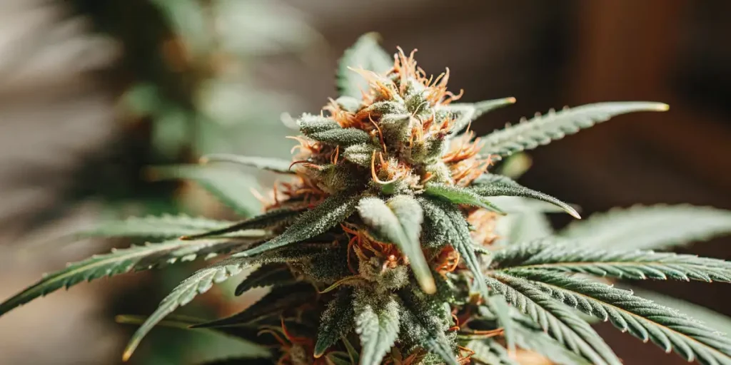 Tête de cannabis mature avec trichomes et pistils orange