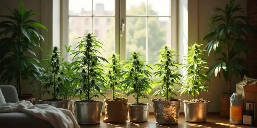 Culture intérieure de cannabis autofloraison en pots sans éclairage artificiel.