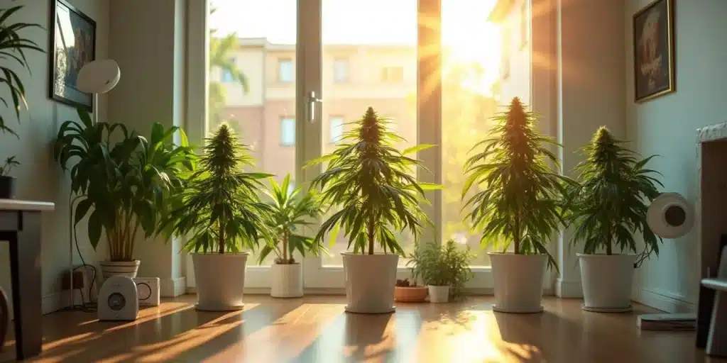 Plantes autofloraison de cannabis sous lumière naturelle intérieure.