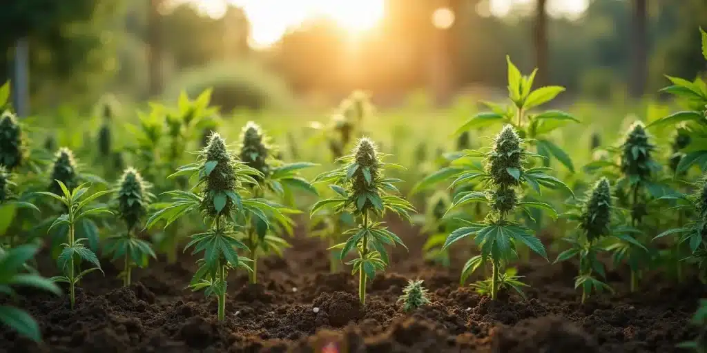 Jeunes plants de OG Kush Auto alignés dans un champ au coucher du soleil.