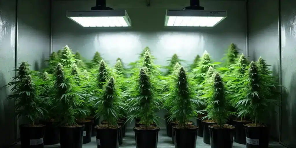 OG Kush Auto en pots sous éclairage LED blanc dans un espace intérieur contrôlé.