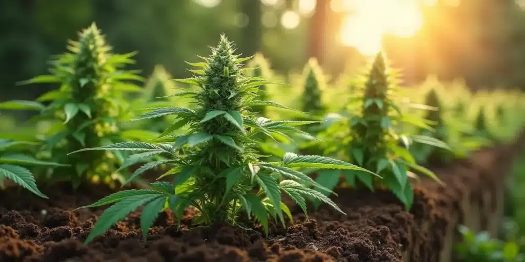 Plant de OG Kush Auto en floraison extérieure sur sol riche, éclairé par le soleil.