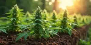 Plant de OG Kush Auto en floraison extérieure sur sol riche, éclairé par le soleil.