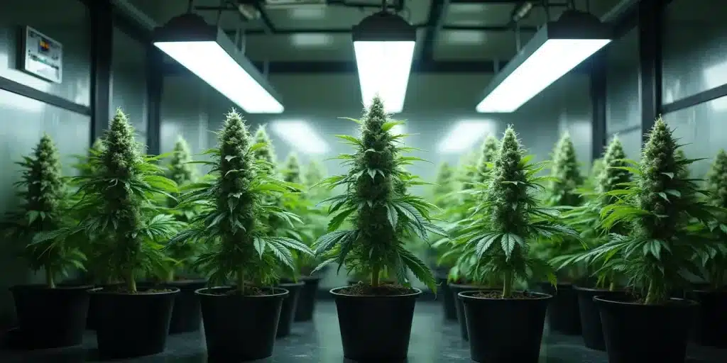 Plantes de White Widow Auto alignées sous LED en intérieur dans des pots noirs.