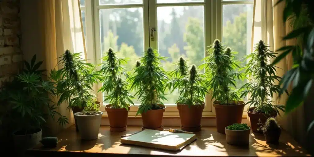 Plantes de cannabis autofloraison cultivées en intérieur près d'une fenêtre sans lampe.