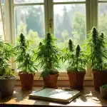 Plantes de cannabis autofloraison cultivées en intérieur près d'une fenêtre sans lampe.