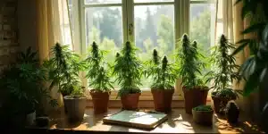 Plantes de cannabis autofloraison cultivées en intérieur près d'une fenêtre sans lampe.