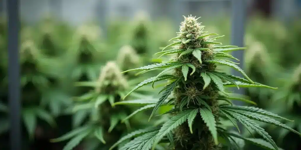 Tête centrale de White Widow Auto cultivée en intérieur, avec pistils orange clair.