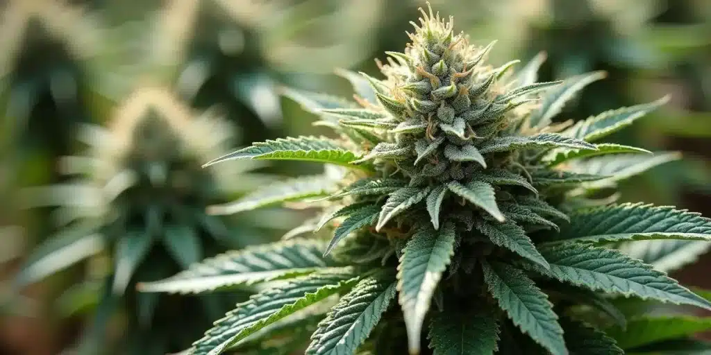 Tête compacte de White Widow Auto avec trichomes visibles et feuilles brillantes.