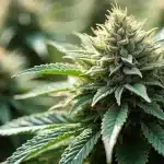 Tête compacte de White Widow Auto avec trichomes visibles et feuilles brillantes.