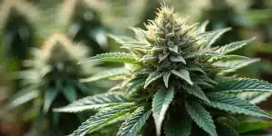 Tête compacte de White Widow Auto avec trichomes visibles et feuilles brillantes.