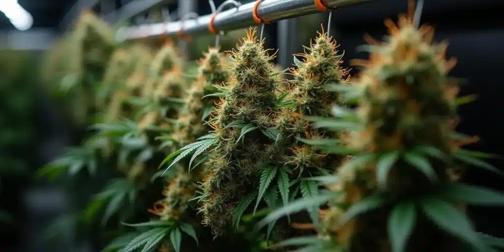 Têtes de OG Kush Auto suspendues pour séchage, avec pistils orange vifs.
