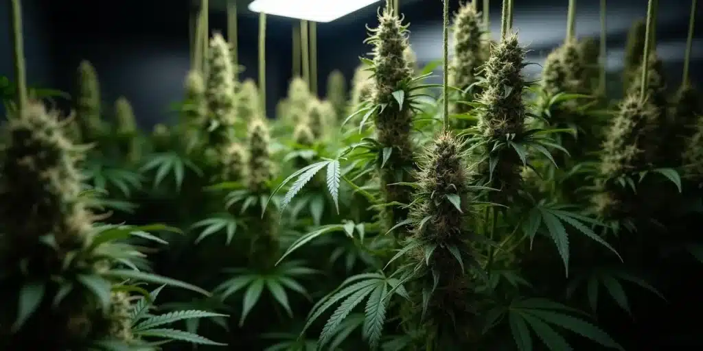 White Widow Auto en floraison intérieure dense sous lumière LED suspendue.