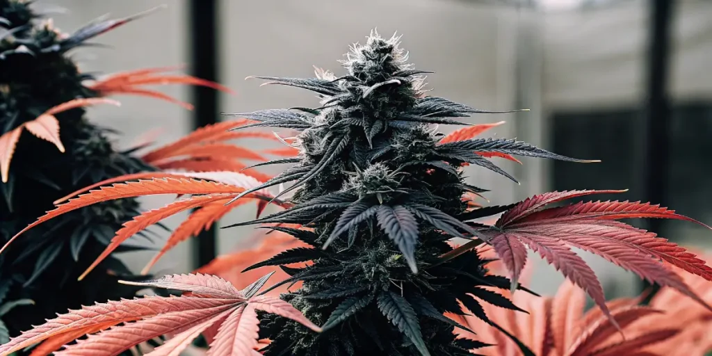 Gros plan hyper réaliste d'un bourgeon de cannabis avec des feuilles rouges vibrantes