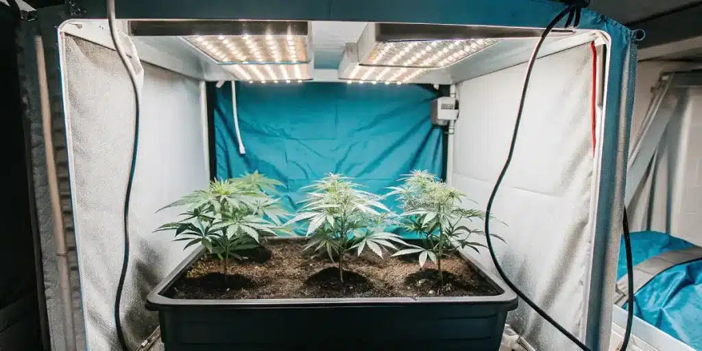 Culture de cannabis en intérieur sous lampes LED, jeunes plants en phase végétative dans une tente de culture