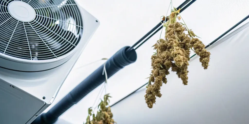 salle de séchage du cannabis avec ventilateur et têtes suspendues