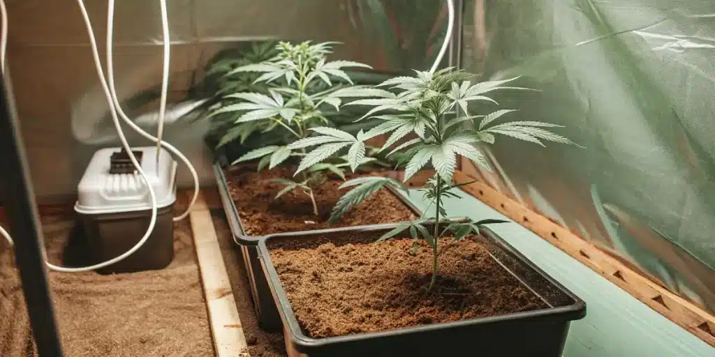 Plants de cannabis en intérieur dans des pots individuels, phase végétative sous éclairage artificiel