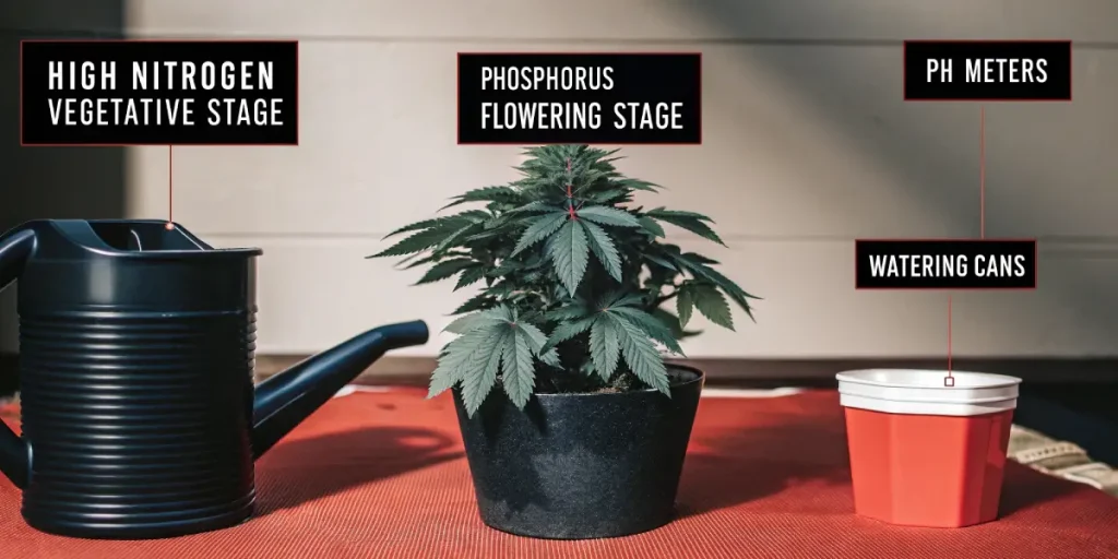 Illustration pédagogique des stades nutritionnels du cannabis avec arrosoir et plante en croissance