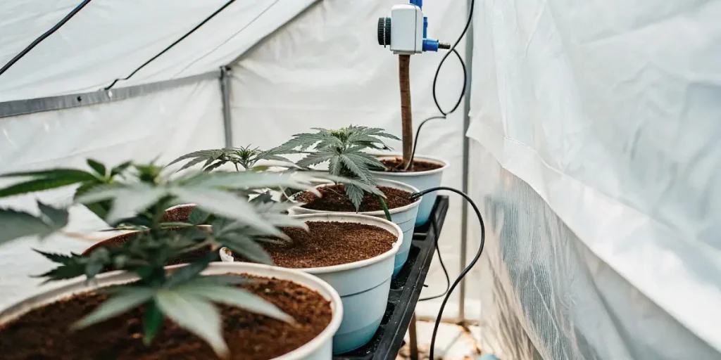 Tente de culture de cannabis avec jeunes plants en phase de croissance précoce sous éclairage LED
