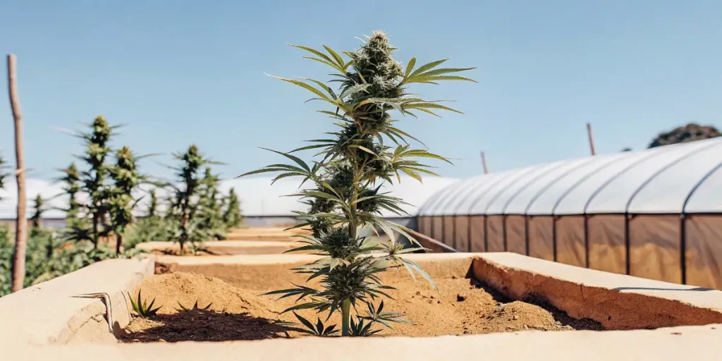 Jardin extérieur de cannabis avec des plants de Chemdo Runtz poussant dans des plates-bandes surélevées sous le soleil.