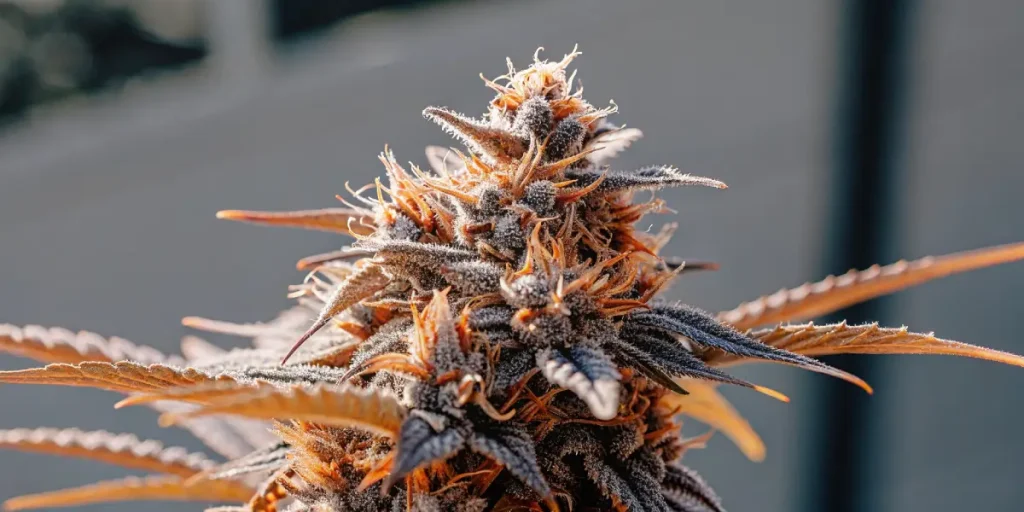 gros plan hyper-réaliste sur une tête de cannabis Granddaddy Purple couverte de trichomes violets et orange