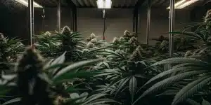 culture de cannabis en container avec éclairage LED et bourgeons denses