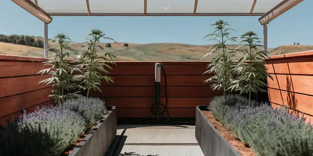 Culture de plants de cannabis sur une terrasse extérieure en plein soleil avec vue sur le paysage