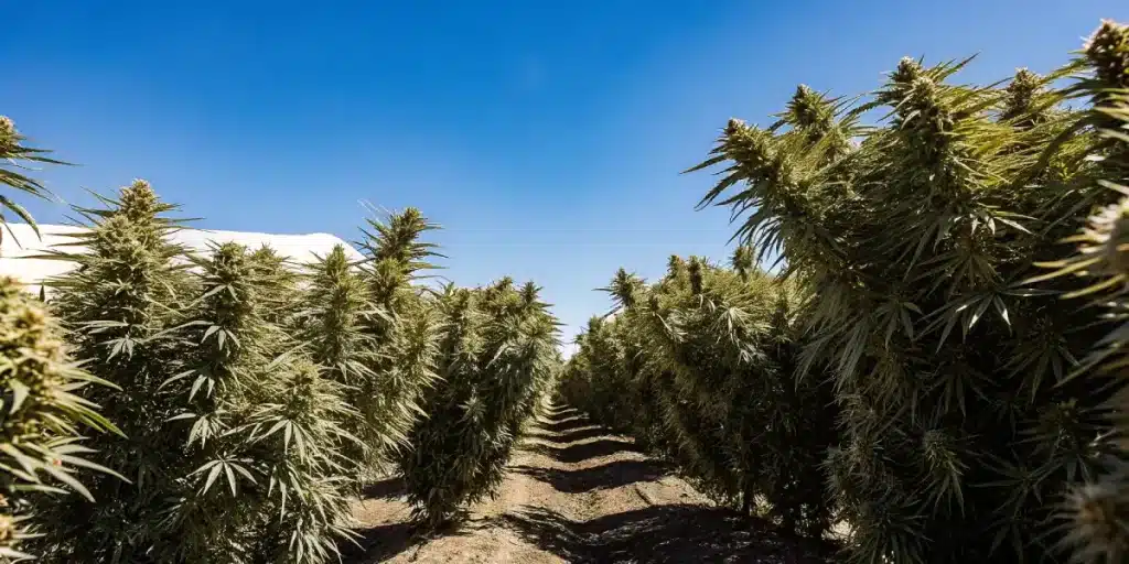 Jeune plant de cannabis en extérieur dans une plantation protégée