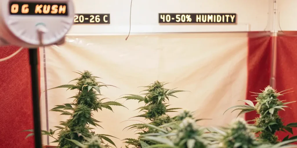 Culture de cannabis OG Kush en intérieur avec contrôle de température et humidité affichées