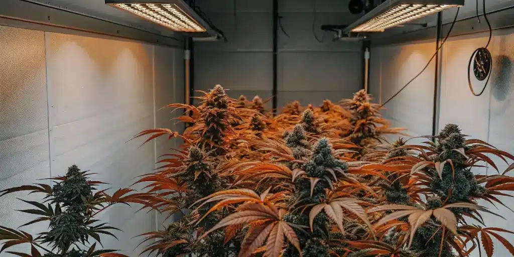 culture de cannabis en intérieur sous éclairage LED avec des bourgeons orange vibrants