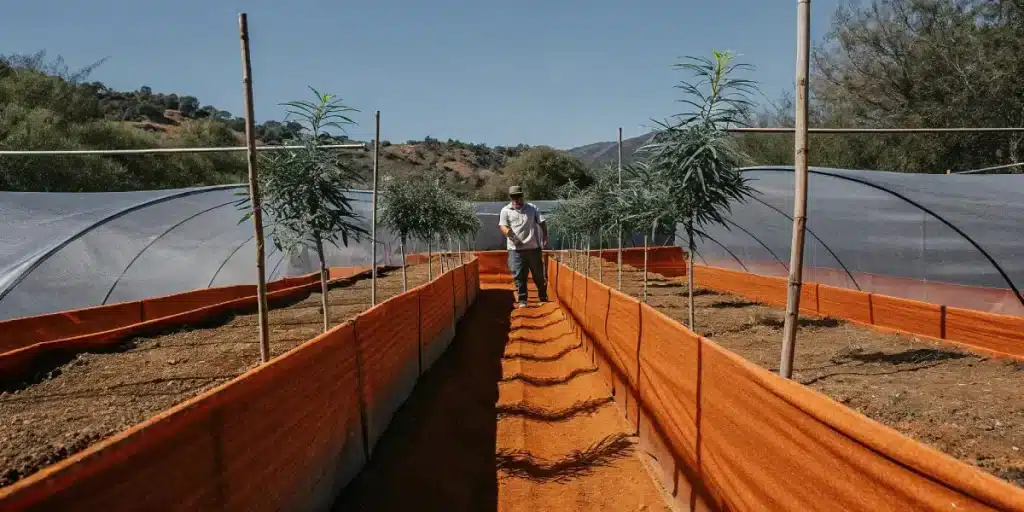 grande ferme de cannabis en extérieur avec des rangées de plantes sous tunnel plastique